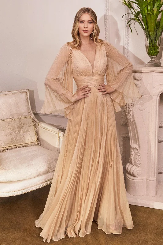 Cinderella Divine CD242 Long Sleeve Pleated Formal Prom Dress ChampagneTightspin