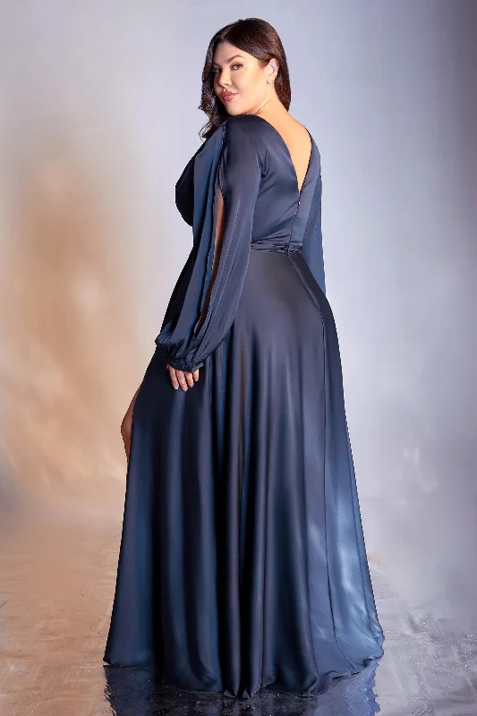 Cinderella Divine 7475C Plus Size Formal Long Sleeve Satin Dress NavyTighter