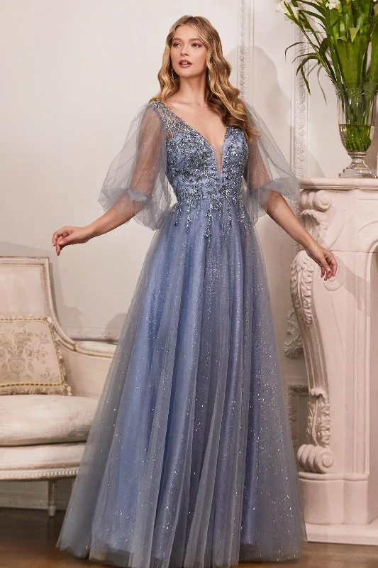 Cinderella Divine CD0182 Long Sleeve Mother of the Bride Long Tulle Dress Smoky BlueTightsleeve