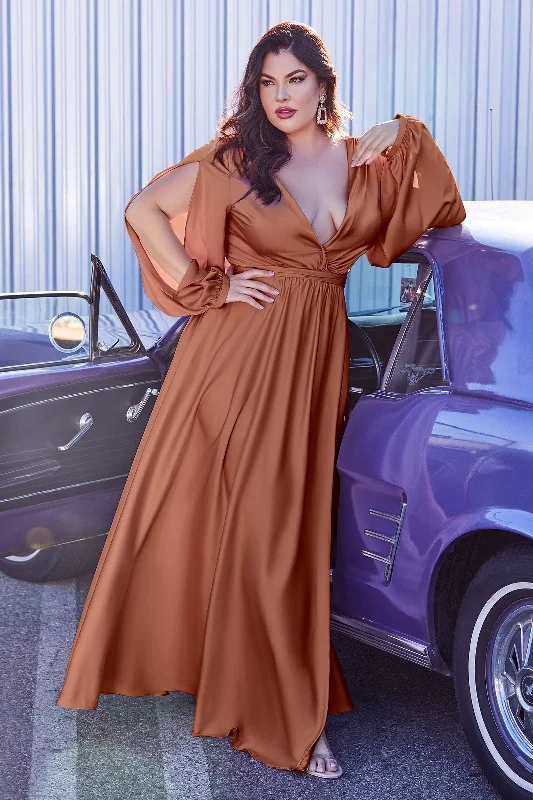 Cinderella Divine 7475C Plus Size Formal Long Sleeve Satin Dress SiennaTightbelt