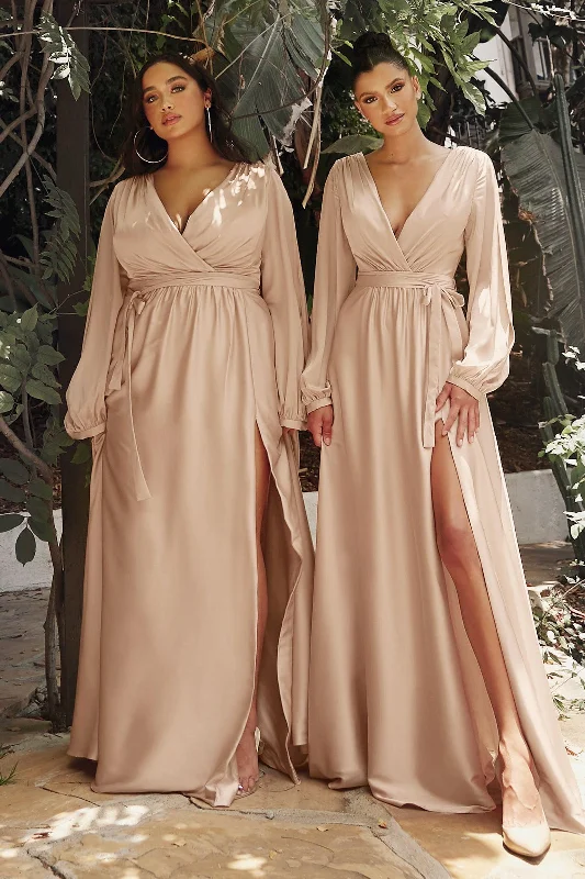 Cinderella Divine 7475C Plus Size Formal Long Sleeve Satin Dress NudeTightknit