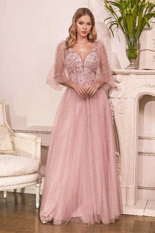 Cinderella Divine CD0182 Long Sleeve Mother of the Bride Long Tulle Dress MauveTightcuff