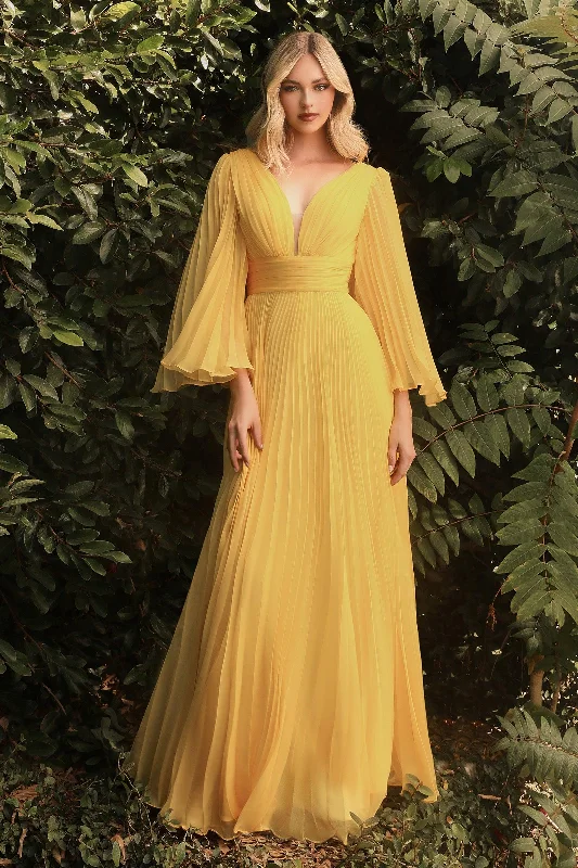 Cinderella Divine CD242 Long Sleeve Pleated Formal Prom Dress YellowTightwrap