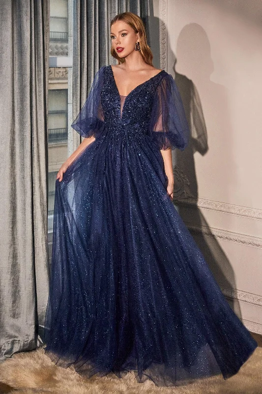 Cinderella Divine CD0182 Long Sleeve Mother of the Bride Long Tulle Dress NavyTighttailor