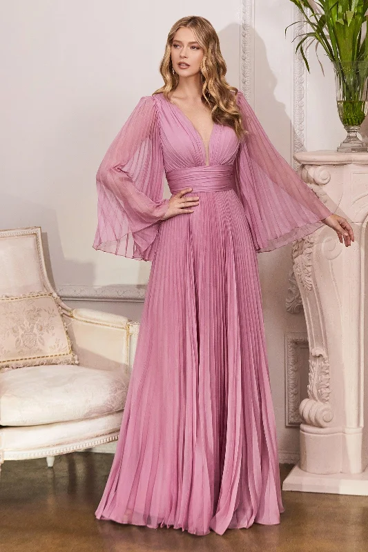 Cinderella Divine CD242 Long Sleeve Pleated Formal Prom Dress Blossom PinkTightknit