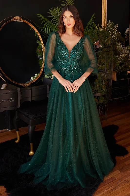 Cinderella Divine CD0182 Long Sleeve Mother of the Bride Long Tulle Dress EmeraldTightshoe