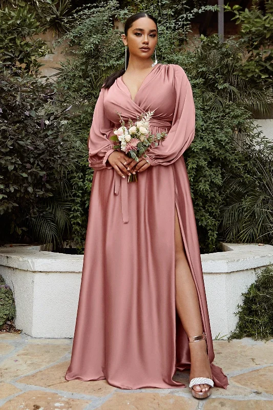 Cinderella Divine 7475C Plus Size Formal Long Sleeve Satin Dress Rose GoldTightgrip