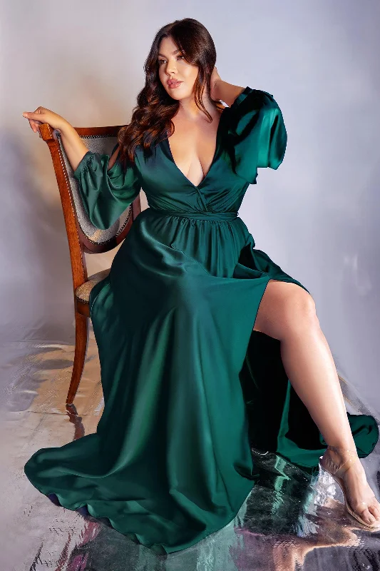 Cinderella Divine 7475C Plus Size Formal Long Sleeve Satin Dress EmeraldTightunderwear