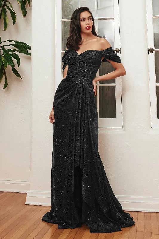 Cinderella Divine CD878 Off Shoulder Long Formal Dress BlackTightweave