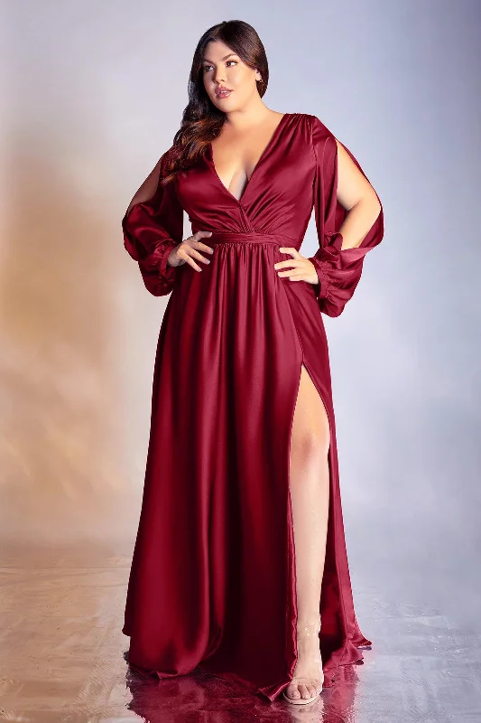 Cinderella Divine 7475C Plus Size Formal Long Sleeve Satin Dress BurgundyTightlegging