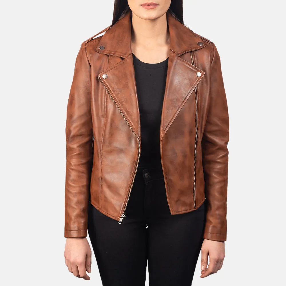 Brown Leather Biker Jacket Women - Epaulettes ShoulderBand Merch Jackets