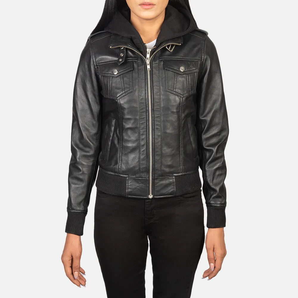 Black Leather Jacket Coat with Removable Fabric HoodOutdoor Jackets