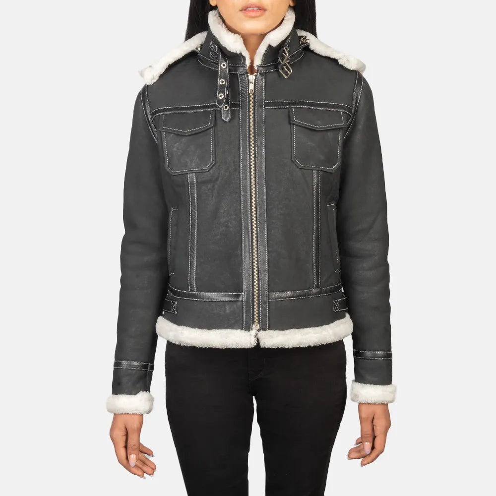 Black Leather Jacket woman with Shearling HoodRecycled Fabric Jackets