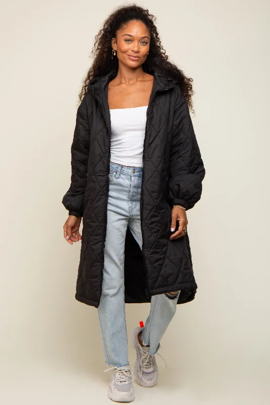 Black Quilted Long Puffer JacketLace-Up Jackets