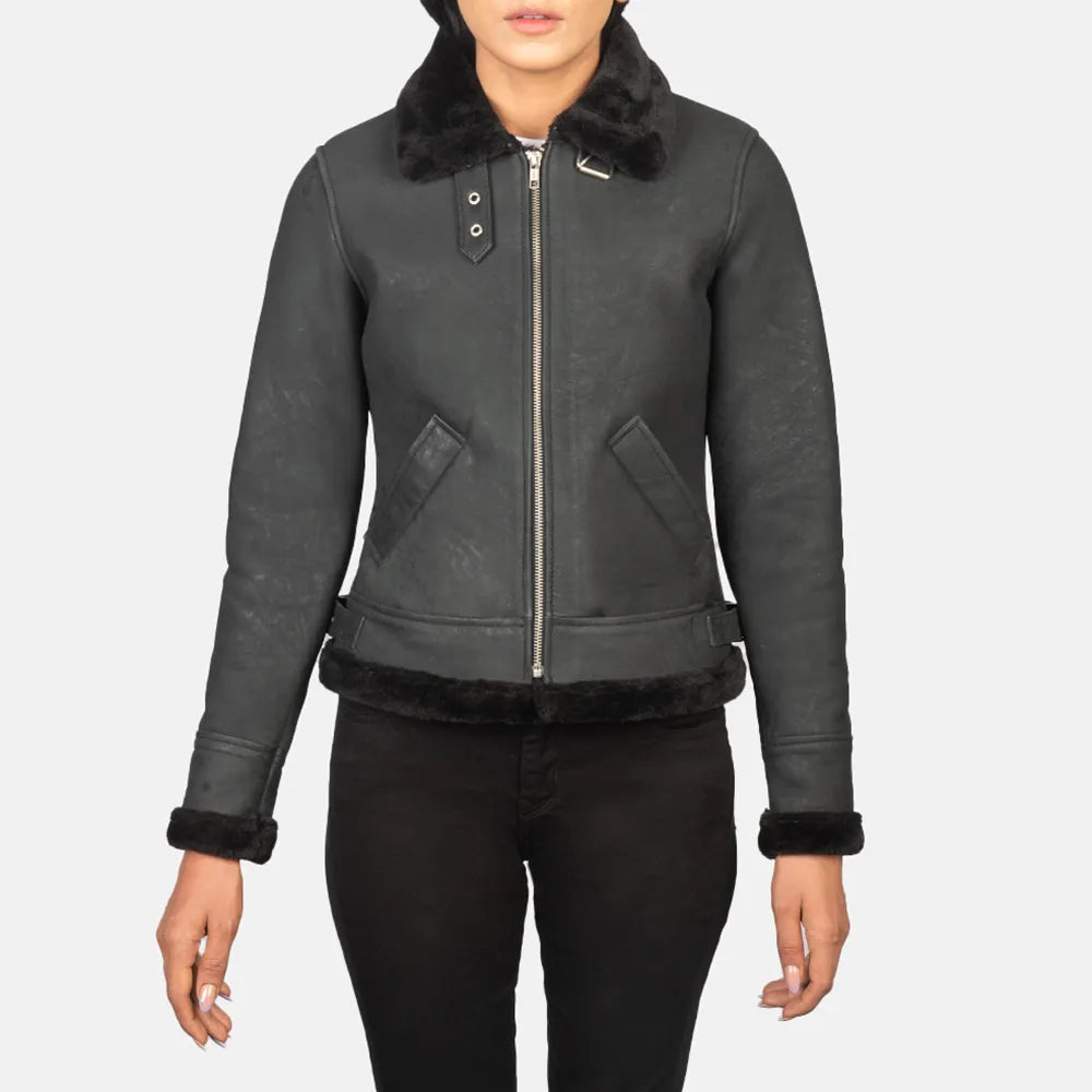 Black Women's Leather Jacket Bomber with Zipper ClosureBeaded Jackets