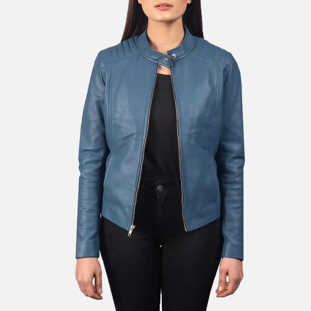 Blue Leather Biker Jacket - Band with snap buttonBeaded Jackets