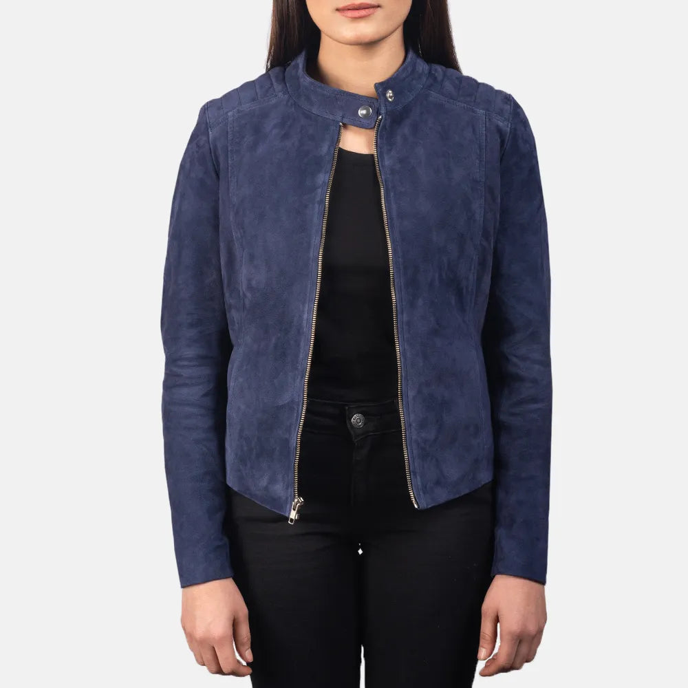 Navy Blue Suede Jacket Women's For BikersTrench Coats