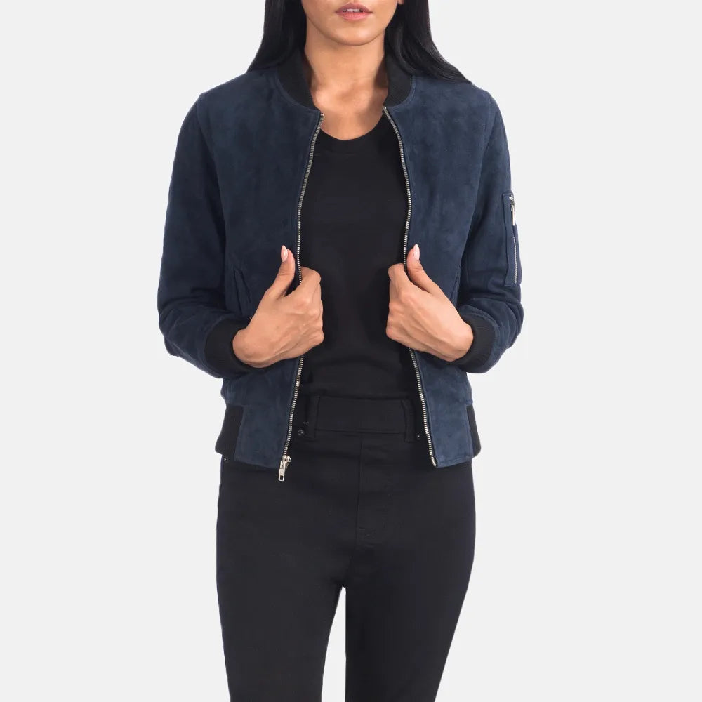 Bomber Blue Suede Jacket in Sheepskin LeatherStudded Jackets