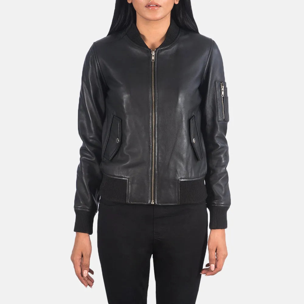 Women's Black Leather Bomber Jacket WinterSuede Jackets