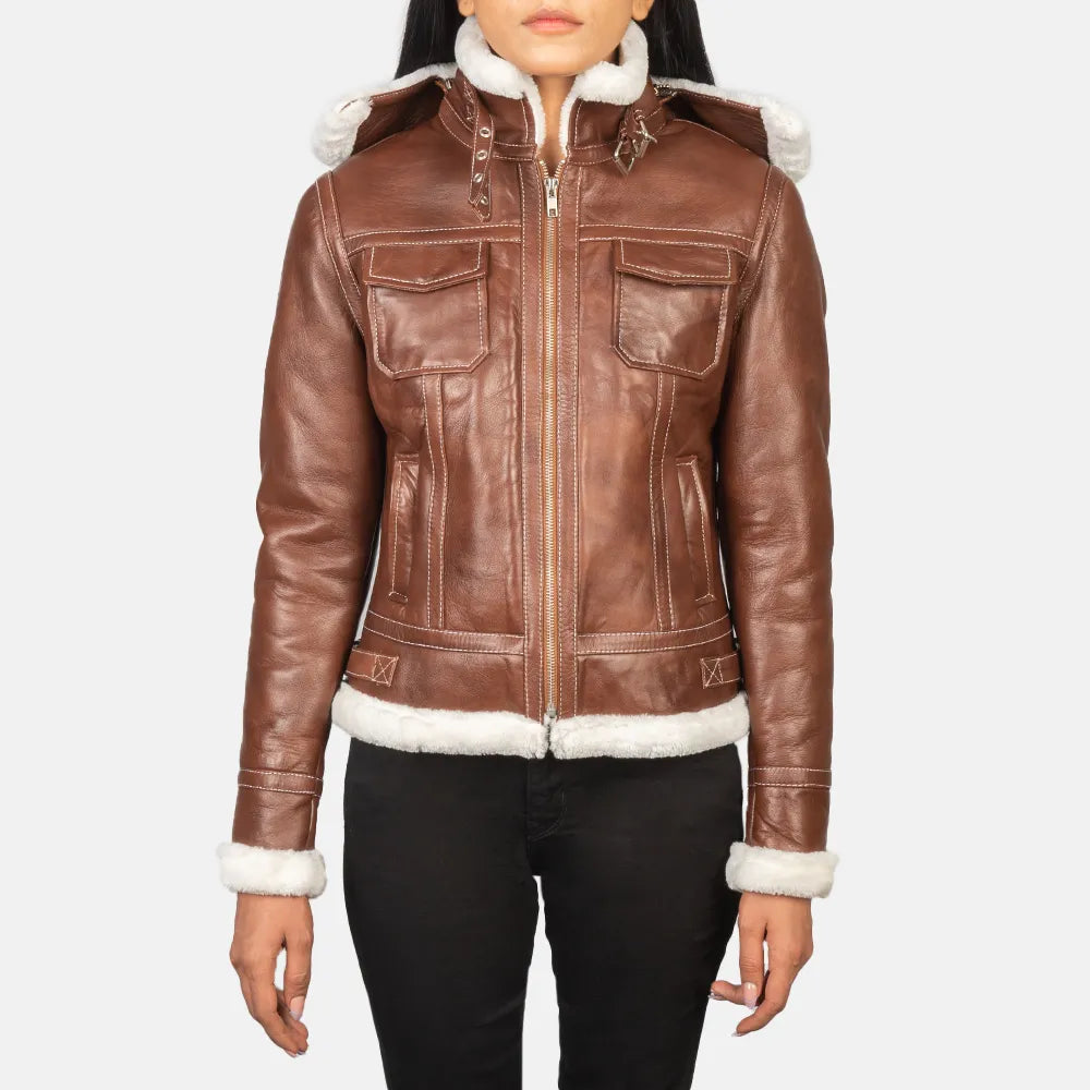 Brown Bomber Jacket Leather with Removable HoodPea Coats