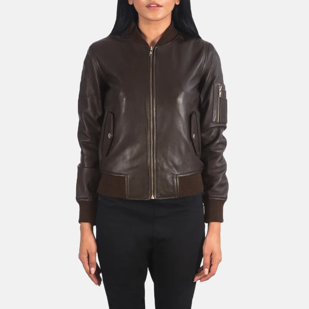 Brown Women's Leather Jacket in Sheepskin LeatherRuffled Jackets