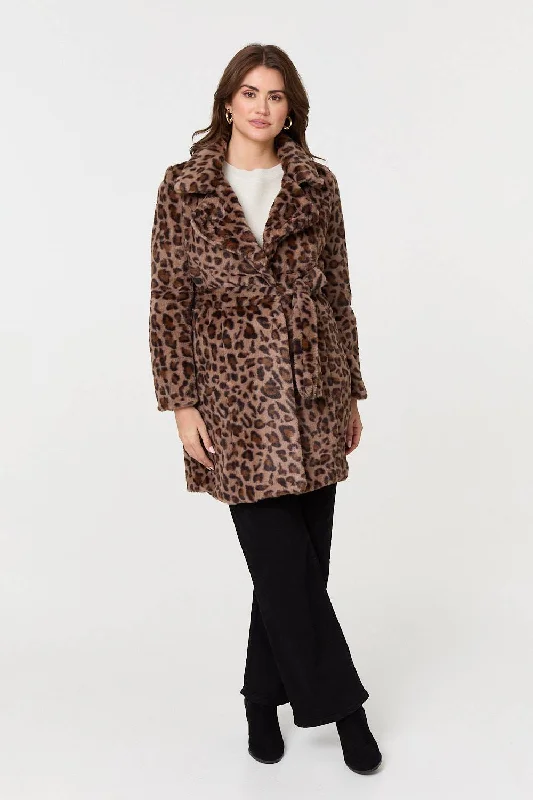 Animal Print Faux Fur Tie Waist JacketRainproof Jackets