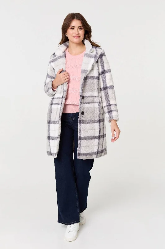 Checked Teddy Fur Thigh Length JacketRain Jackets