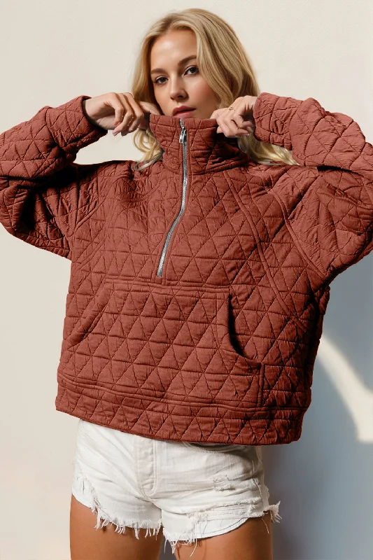 Double Take Half Zip Long Sleeve Quilted Sweatshirt with PocketBranded Jackets