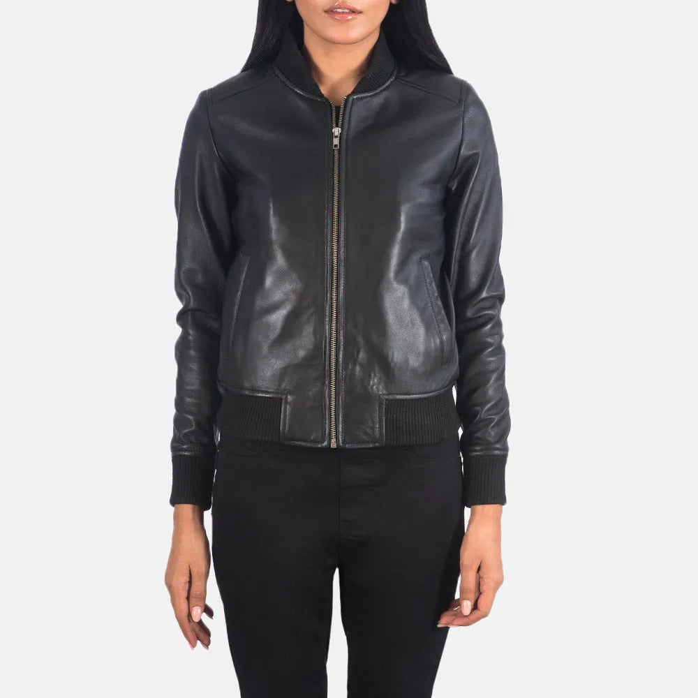 Bomber Girl's Black Leather Jacket in Sheepskin LeatherLinen Jackets