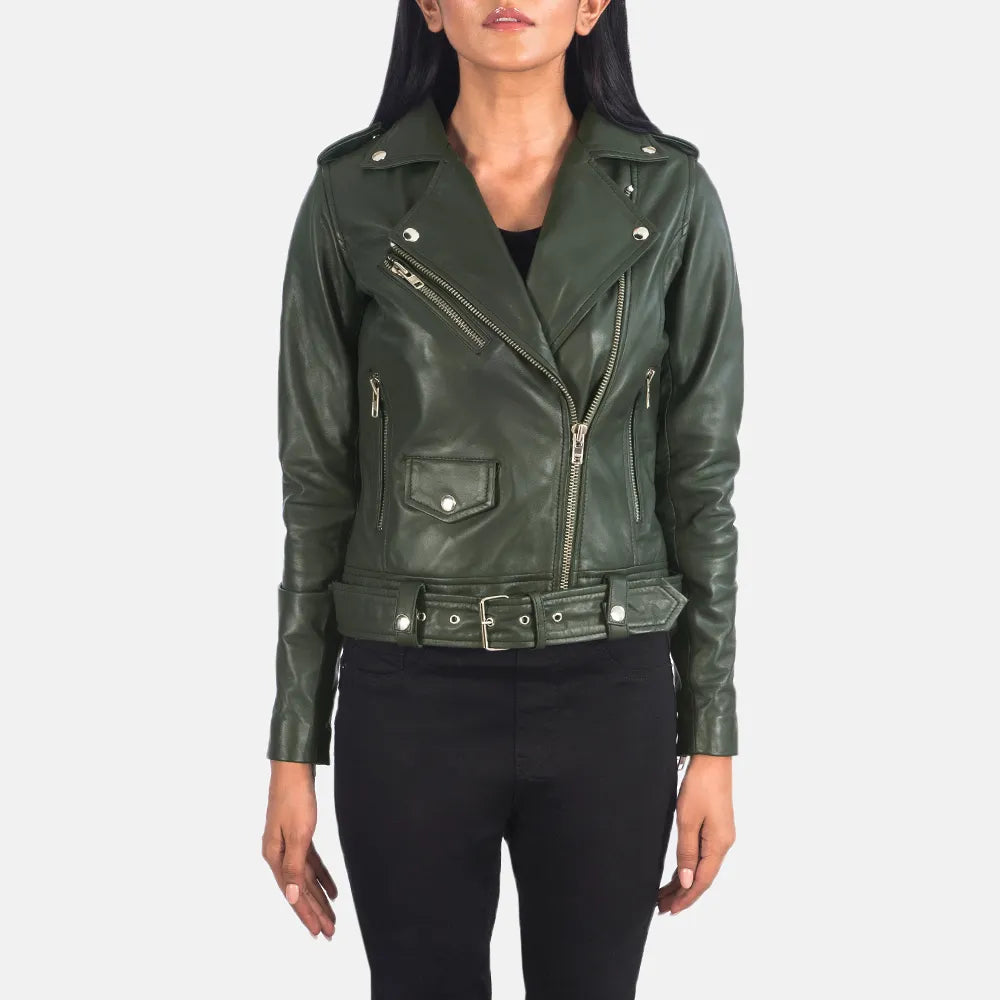 Green Biker Jacket Women - Sheepskin LeatherDesigner Jackets