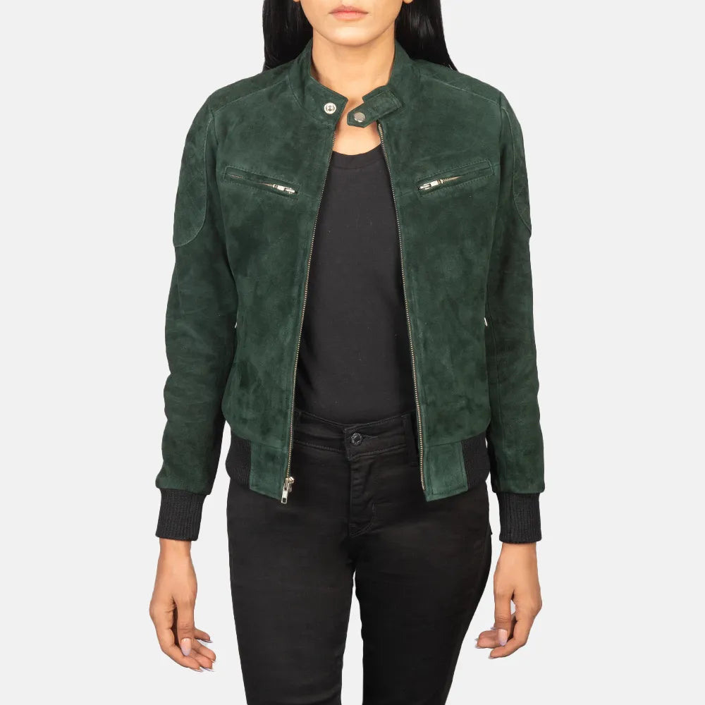 Suede Green Jacket Ladies - Band with Snap Button CollarRainproof Jackets