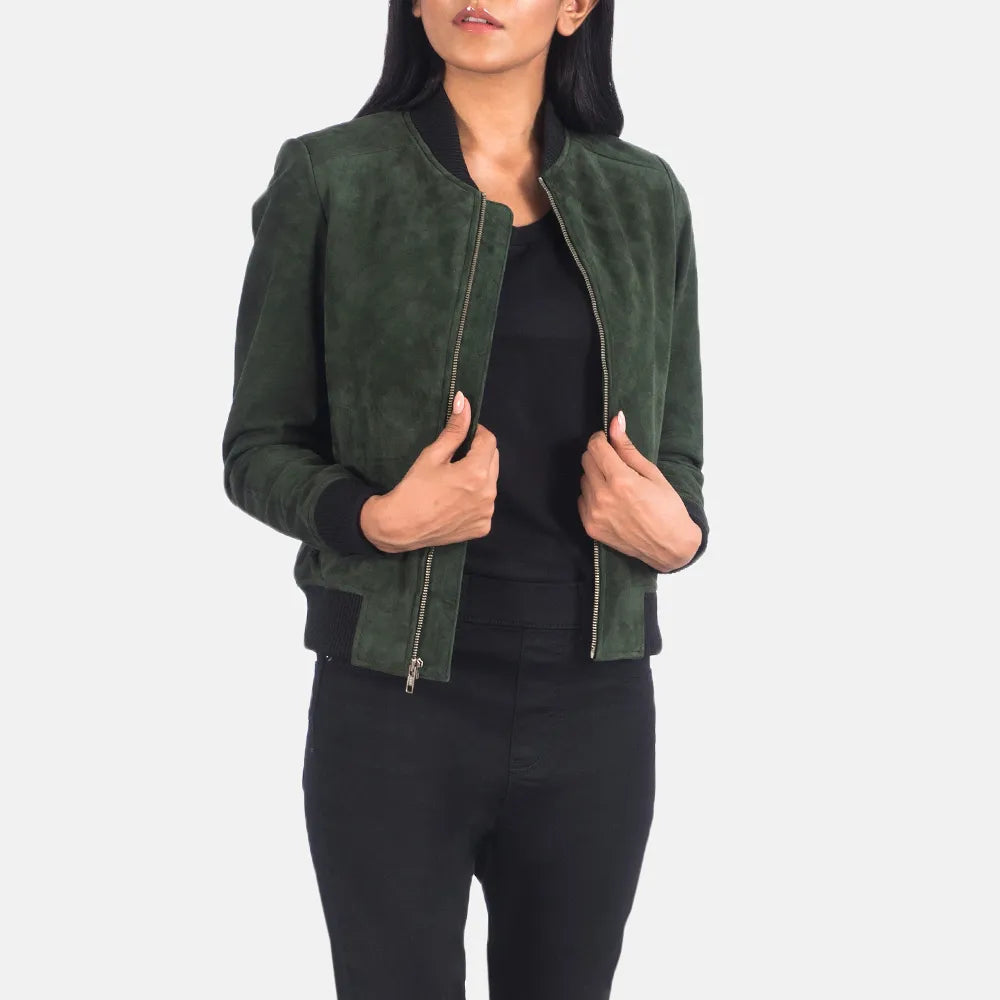 Green Suede Jacket Women - Zipper with Wind FlapSuede Jackets