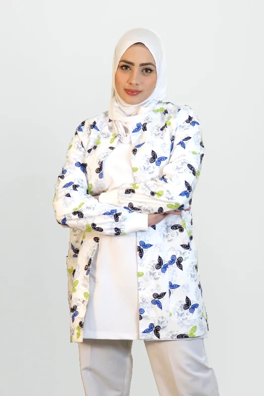 White Butterfly Printed Scrub JacketMilitary Jackets