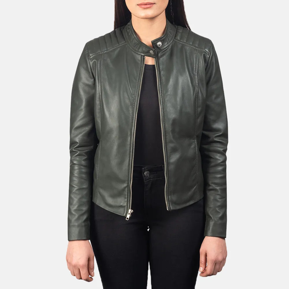 Ladies Green Biker Jacket in Semi-aniline LeatherRunning Jackets