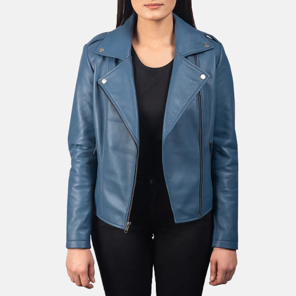 Leather Biker Jacket Blue in Sheepskin LeatherRunning Jackets