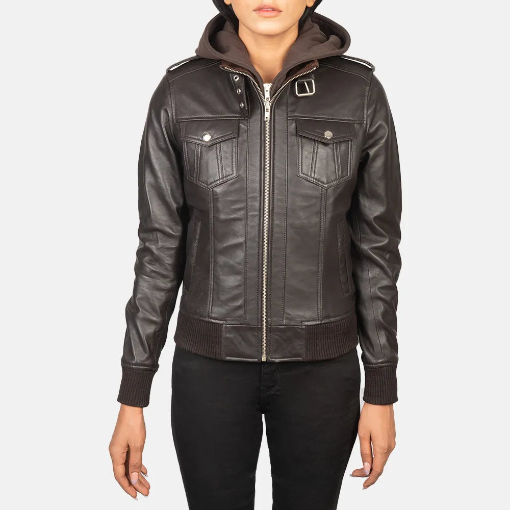 Leather Bomber Jacket Brown with Removable Fabric HoodTrench Coats