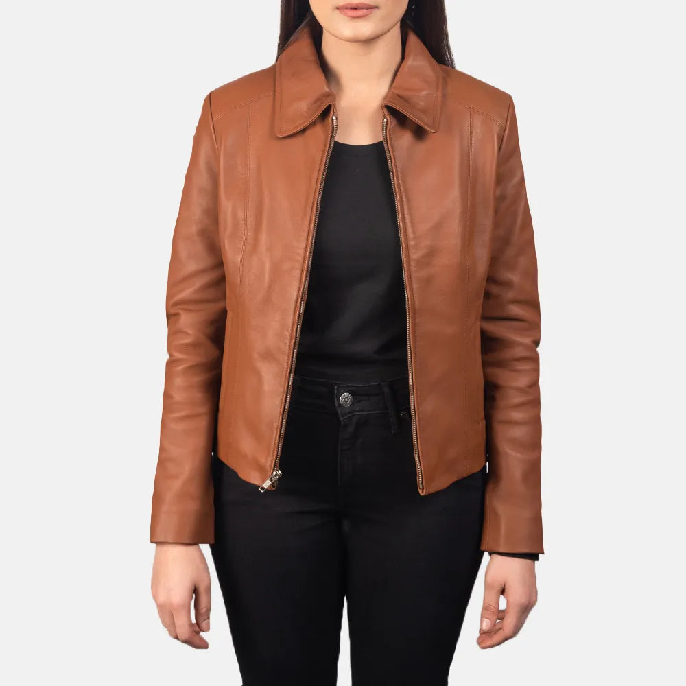 Brown Leather Jacket with CollarLace-Up Jackets