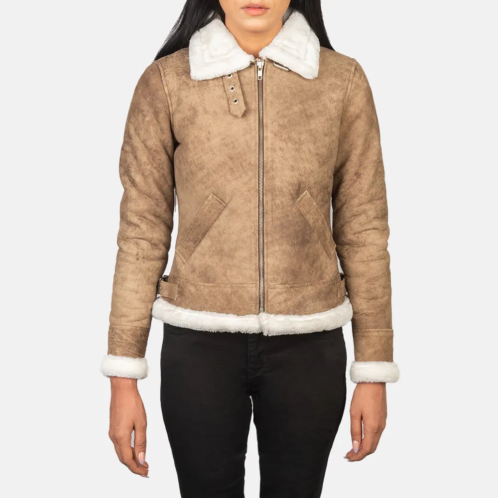 Women's Bomber Leather Jacket with Fur BrownInsulated Jackets