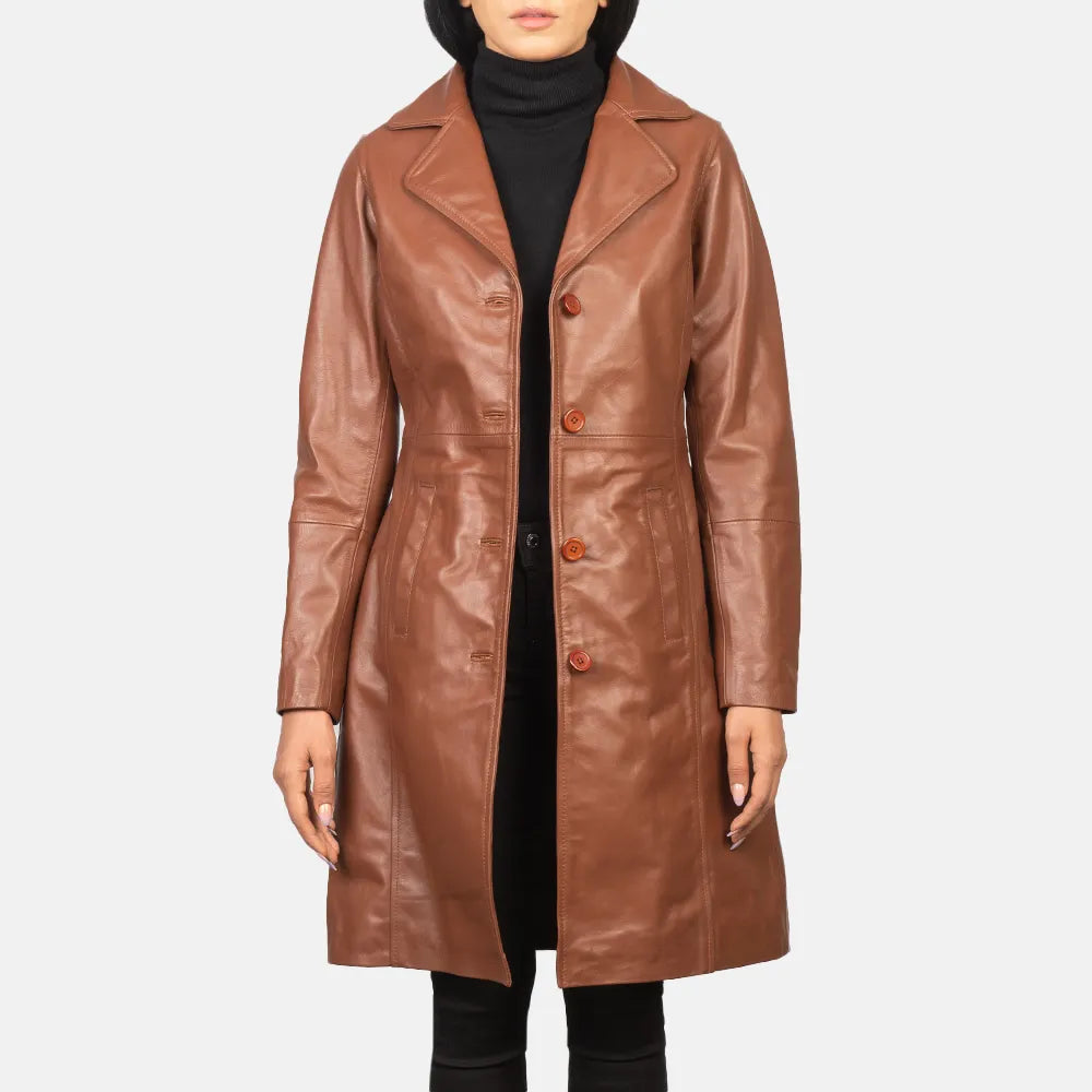 Brown Single Breasted Leather Trench Coat Women'sFlannel Jackets