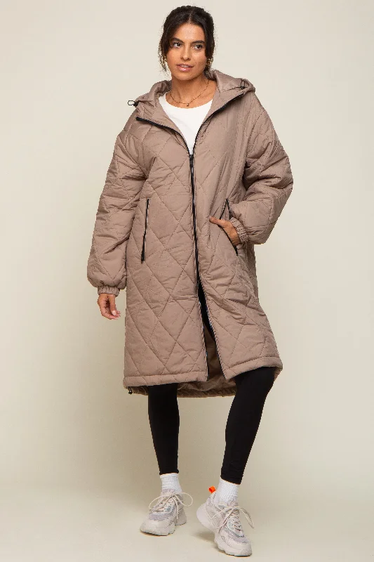 Light Taupe Quilted Long Puffer JacketSnowboard Jackets