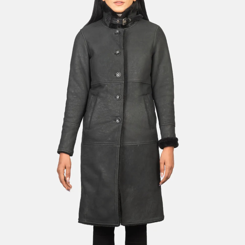 Long Black Trench Coat in Sheepskin LeatherMilitary Jackets