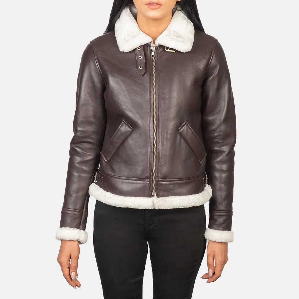 Women's Bomber Maroon Leather Coat with Zipper ClosureFleece Jackets