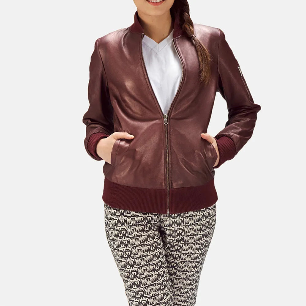 Bomber Maroon Leather Jacket Ladies in Varsity StyleBranded Jackets