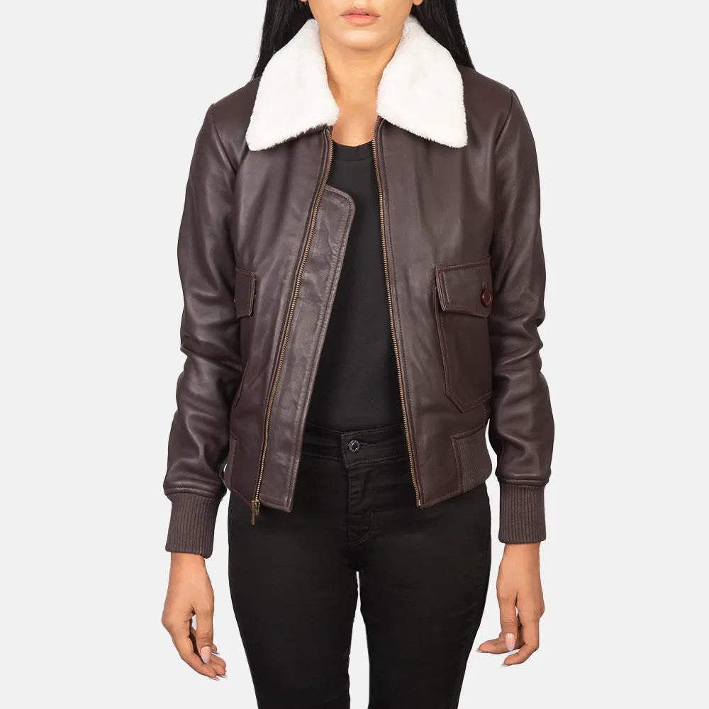 Bomber Maroon Leather Jacket Women with Removable CollarInsulated Jackets