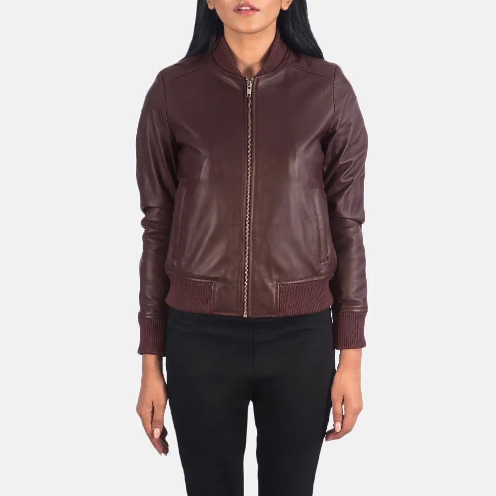 Women's Maroon Leather Jacket in Sheepskin LeatherRibbed Cuff Jackets