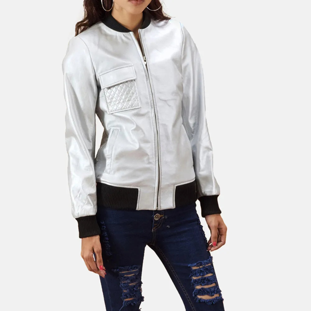 Women's Metallic Silver Leather Jacket with Zipper ClosureReflective Jackets