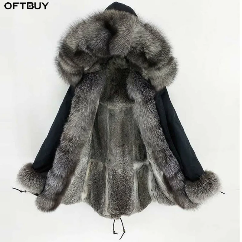 OFTBUY 2019 Long Parka Real Fur Coat Winter Jacket Women Natural Fox Fur Collar Hood Cuffs Rabbit Lliner Thick Warm OuterwearSuede Jackets