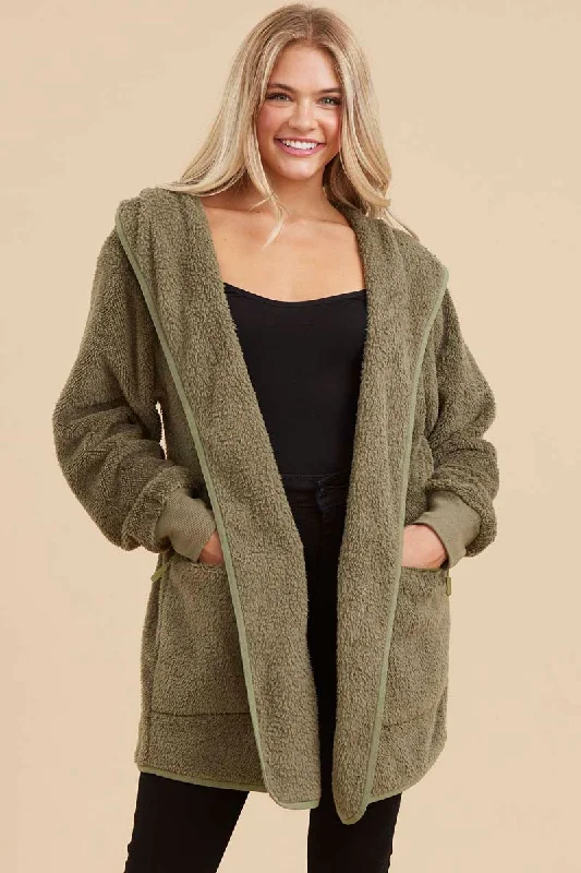 Olive Fuzzy Knit Hooded JacketInsulated Jackets