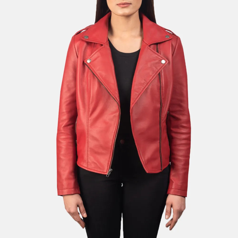 Red Biker Jacket Women's - Sheepskin LeatherDenim Jackets