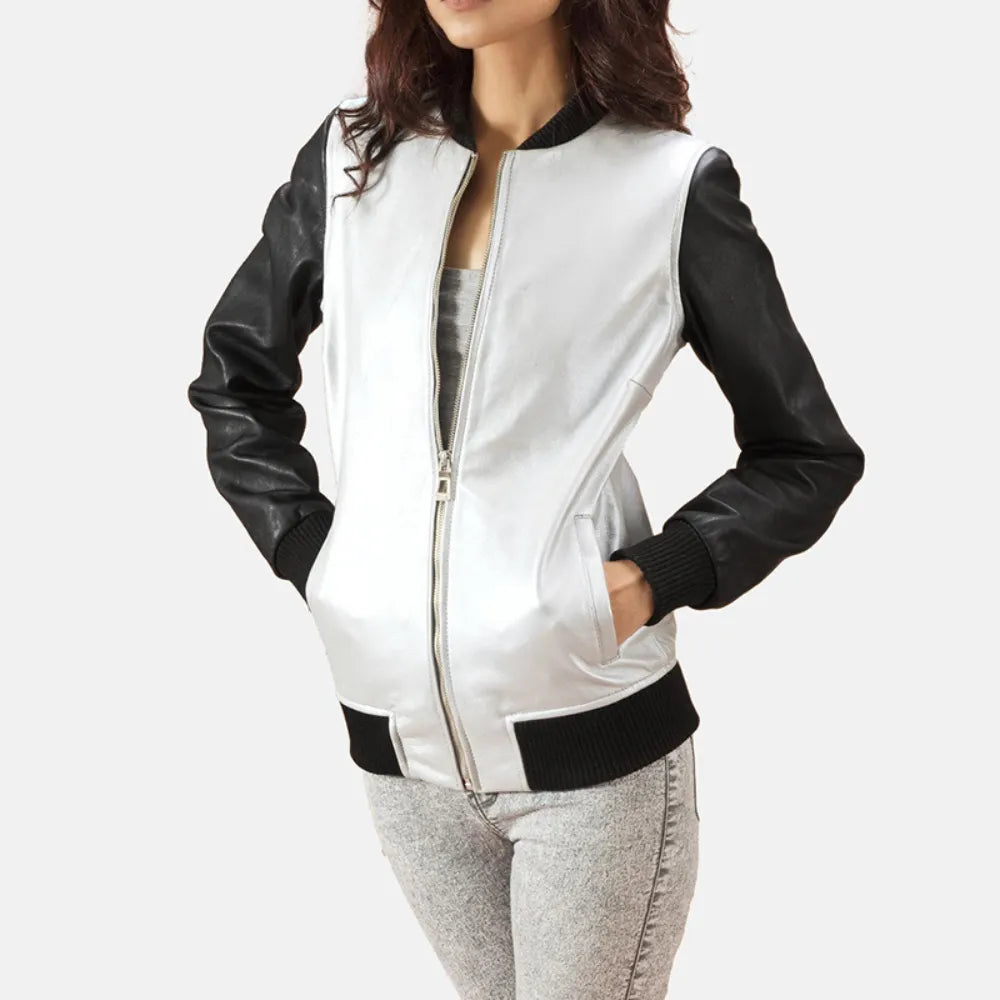 Bomber Black & Silver Leather Jacket Women with Zipper ClosureSuede Jackets